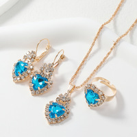 Nouvel ensemble de bijoux de mariée trois pièces, design transfrontalier sophistiqué et élégant, rose-rouge et bleu lac, orné de strass pour mariage