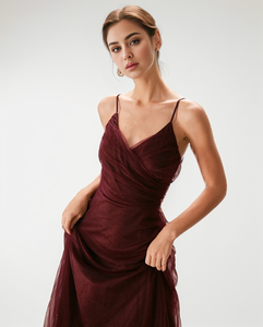 Personalizado Vintage <span class=keywords><strong>rojo</strong></span> sólido Color malla espagueti correas cuello en V espalda descubierta cintura largo mujeres Sexy elegante fiesta vestidos de noche - Product Image 2
