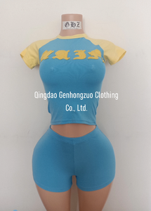 Ensemble 2 pièces d'été personnalisé pour femmes, coton, t-shirt basique pour bébé, coupe ajustée, hauts courts à manches courtes, t-shirts raglan et shorts pour femmes - Product Image 5