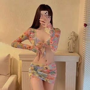 Sexy Babe <span class=keywords><strong>Bikini</strong></span> con cuello en V y corbatas Estampado floral Malla transparente Ultra delgada Cintura alta Caderas Envoltura Falda para vacaciones en la playa - Product Image 3