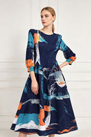 Robe midi plissée taille unique pour femme, manches lanternes trois quarts, col rond, imprimé, mode printemps-automne