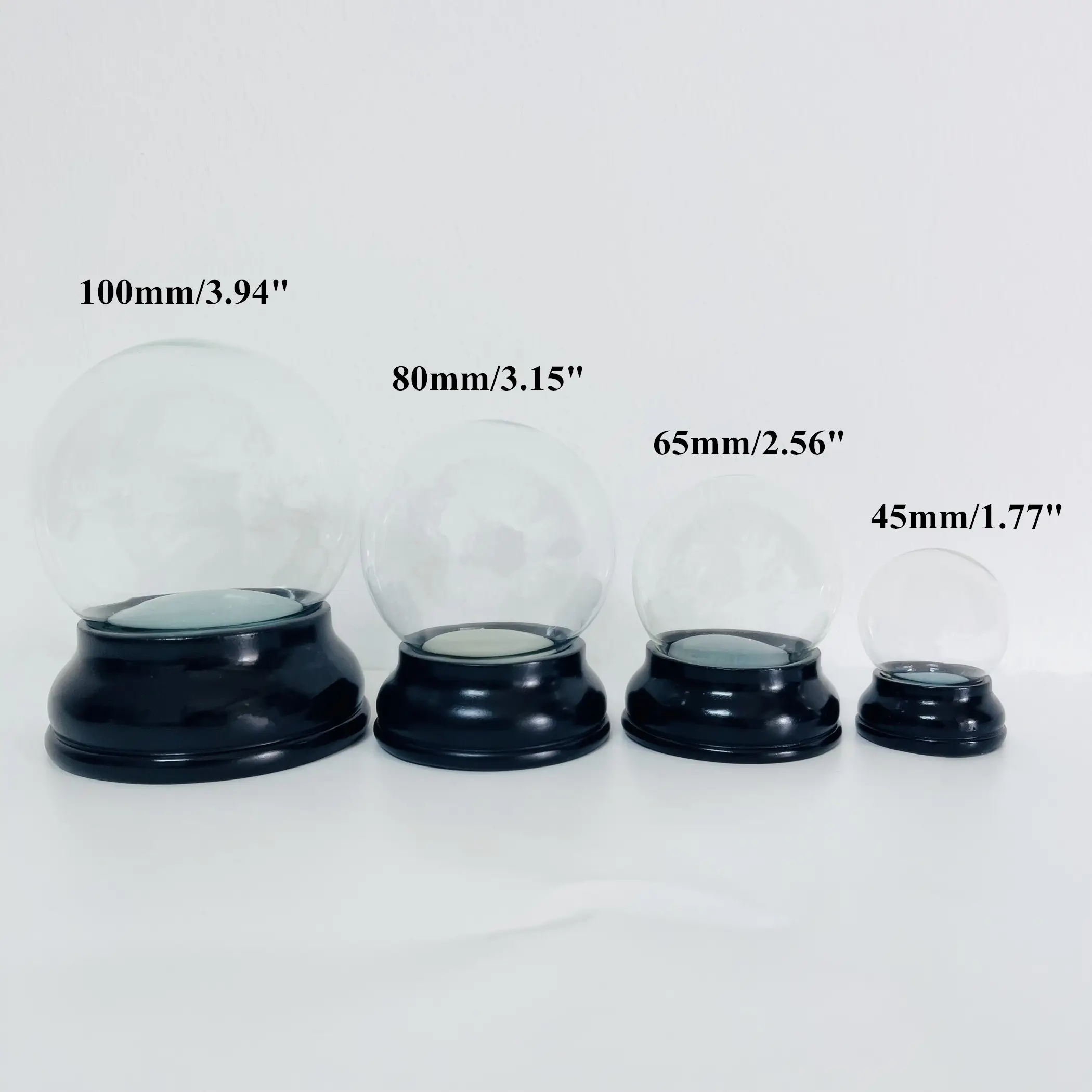 DIY Water Snow Globe Gift Accessories 45mm Crystal ball with base 65mm Empty display dome 80mm ball with black base