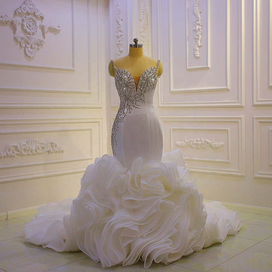 White Wedding Dress with Green Ribbon - Elegant & New Design