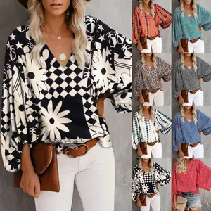 Spring Summer 2024 Latest Design Elegant V-neck Ladies Shirts Tops Vintage Puff Button Women Blouse