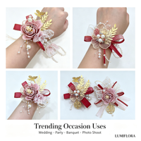 Corsage de poignet en dentelle rose poudré, perles et feuilles d'or pour demoiselle d'honneur, mariée, mariage, bal de promo, décoration de fête