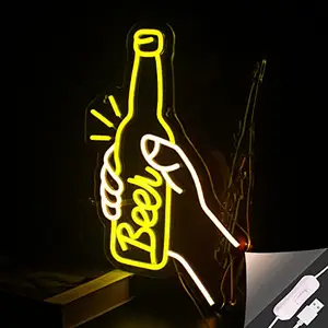 Pegangan Tangan Botol Bir Tanda Neon Kuning Hangat Putih Lampu Led Huruf Lampu Dinding Bar Pub Toko Toko Dekorasi Pesta Ulang Tahun