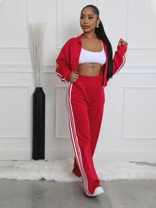 Conjunto de Roupas Esportivas de Primavera com Listras, Top Cropped de Manga Longa com Zíper e Calças Largas de Cintura Alta, Conjunto de <span class=keywords><strong>2</strong></span> Peças para Mulheres - Product Image 5