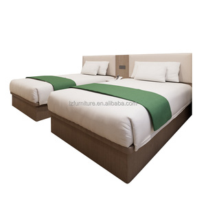 Modern 3 Star Budget Hotel Twin Bedroom Furniture Set 2 <b>Single</b> Wooden <b>Base</b> <b>Beds</b> with Upholstered Headboard Wall Panel Nightstand - Product Image 3