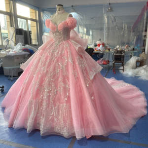 Magníficos Vestidos de Novia Modernos Rosados de Manga Larga con Cola Capilla, Escote Corazón, Espalda Descubierta, Adornados con Cuentas, Estilo Princesa, Personalizados - Product Image 4