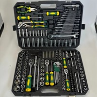 Ensemble d'outils de réparation automobile de 218 pièces avec douilles à cliquet, tournevis, clés, pinces, boîte en plastique, matériau CRV