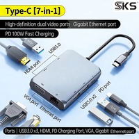 Adaptador Multipuerto USB C 7 en 1 Tipo C con HDMI, VGA, Gigabit Ethernet, Carga PD de 100W, 3 Puertos USB 3.0, Base de Conexión para Laptop