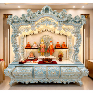 Swaminarayan Hand Carved <b>Mandir</b> in Marble Look BAPS Design White Gold Swaminarayan Temple Best Quality Teak Wooden Carved <b>Mandir</b> - Product Image 1