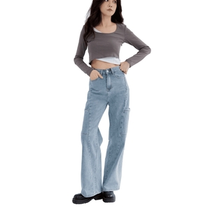 Jeans de Mezclilla Rectos y Holgados para Mujer, Cintura Media, Elásticos, Cómodos, Ecológicos, Transpirables, Estilo Urbano - Product Image 1