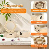 Boîte de rangement hexagonale en bois non finie avec couvercle transparent, organisateur multi-compartiments pour bijoux et loisirs créatifs
