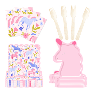 Décorations de fête d'anniversaire licorne rose DAMAI, ensemble de vaisselle sur le thème de la licorne, comprenant des assiettes et des gobelets en papier pour les fournitures de fête pour enfants - Product Image 4