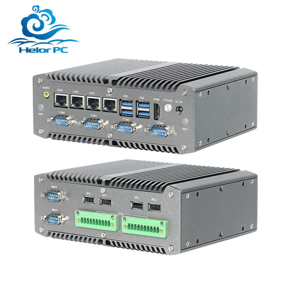 HelorPC MiniPC Intel i5 i7 DDR4 4 พอร์ตอีเธอร์เน็ต 6 RS232 RS485 RS422 COM GPIO อุตสาหกรรม Fanless มินิพีซีคอมพิวเตอร์คอมพิวเตอร์