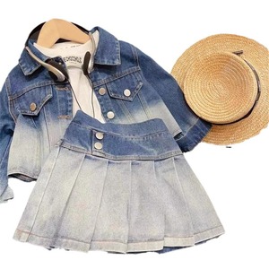 Bộ quần áo trẻ em bán buôn, áo cardigan cài khuy, chân váy xếp ly, bộ hai mảnh, trang phục trẻ em chất liệu denim, bộ quần áo trẻ em gái phong cách thường ngày - Product Image 3