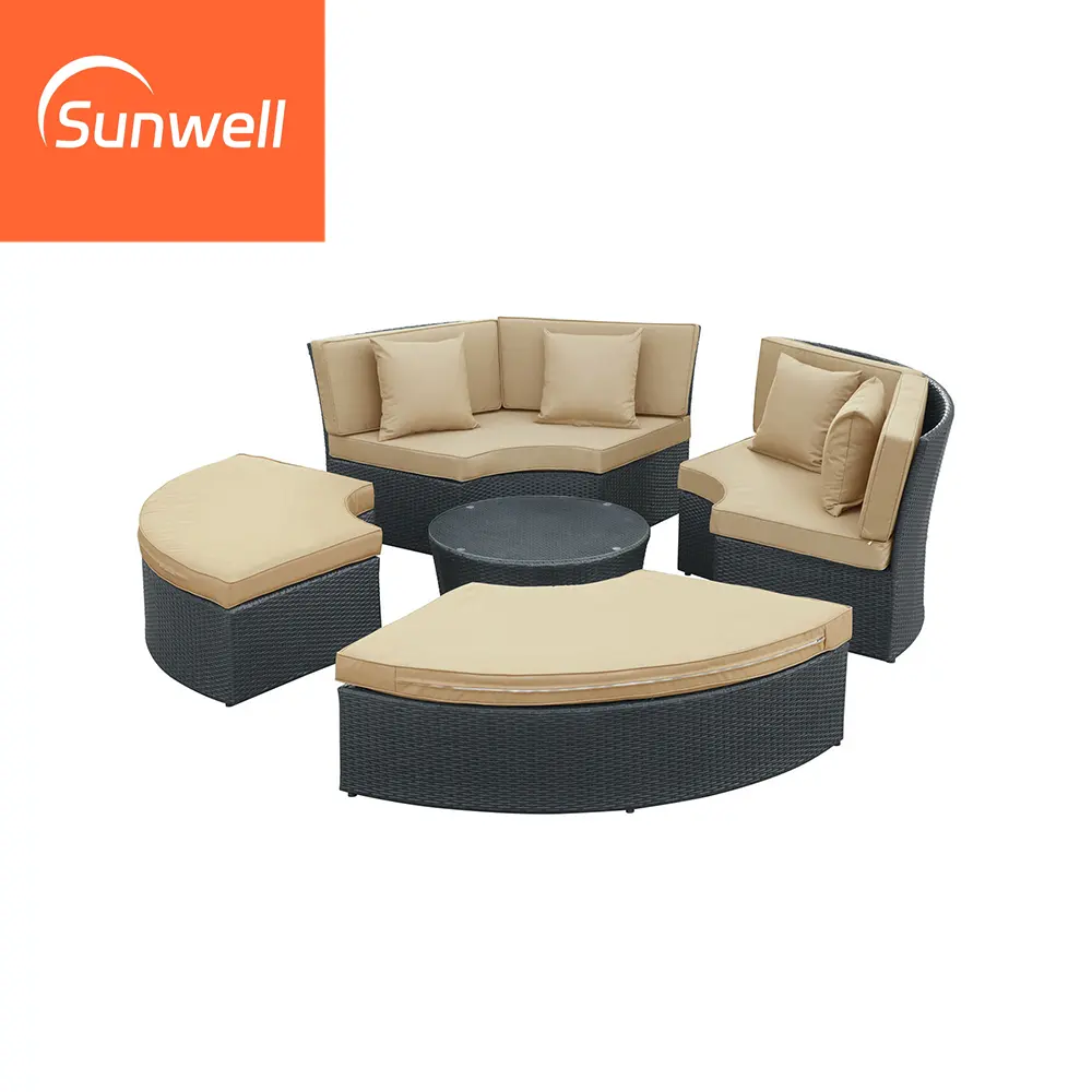 Conjunto de mesa redondo de vime para hotel, conjunto de rattan PE para pátio, piscina, cama de dia ao ar livre, com almofadas