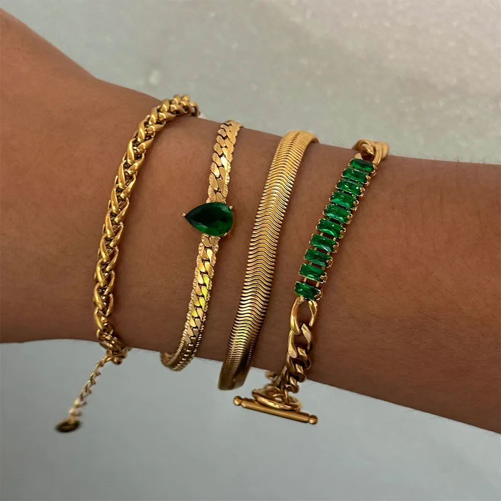 Damen Schmuck Set Miami Cuban Chain Armband Armreif Flache Schlange Stapelung CZ 18 Karat vergoldet Edelstahl Armband für Accessor