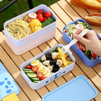 Boîte à lunch portable double couche pour étudiants Cartoon Kidsren Boîte à lunch compartimentée Boucle latérale Couvercle en plastique comprenant une fourchette et une cuillère