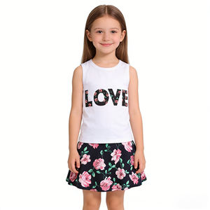 Set gonna per bambina, abito estivo casual senza maniche con stampa floreale, top con stampa a fiori e cuori, set <span class=keywords><strong>di</strong></span> abbigliamento per bambini per la vita quotidiana - Product Image 3