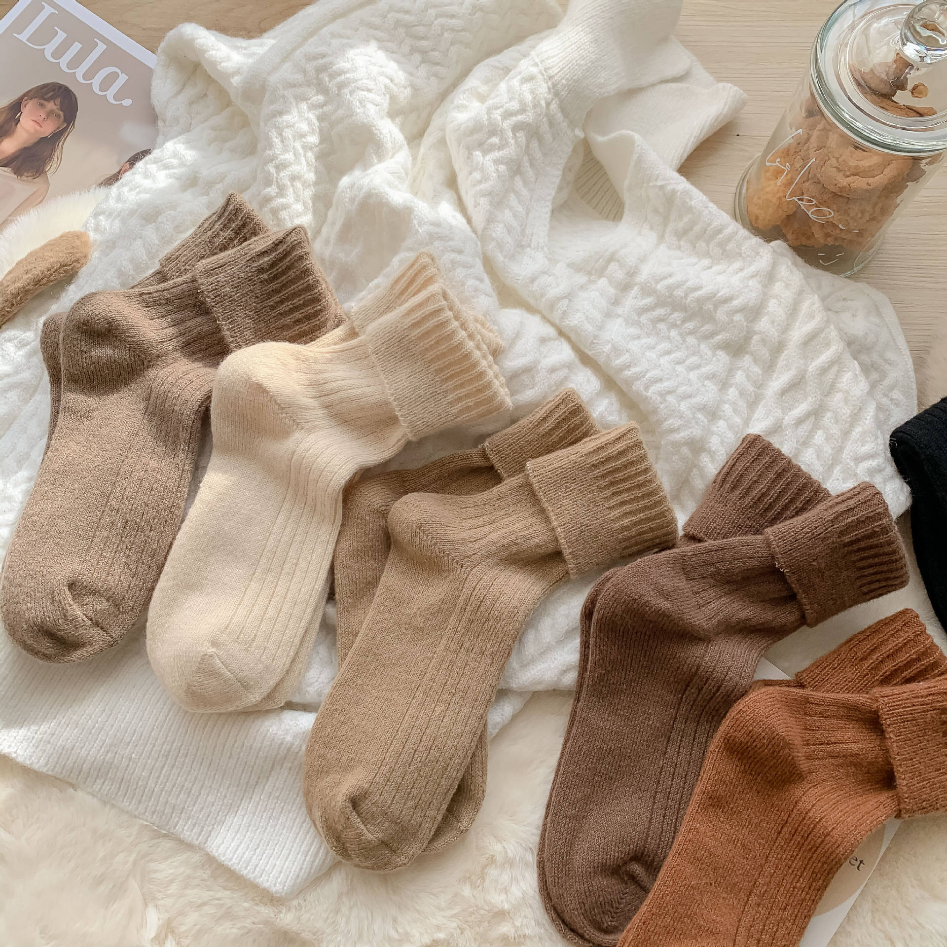 Women's Mid-Calf Japanese Style Slouch Socks Autumn Winter Thickened Warm Crew Knitted Sheep Wool Solid Color Soft Versatile