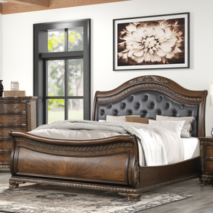 Juego de Muebles para Dormitorio Brown Sleigh con Cuero Acolchado - Product Image 1