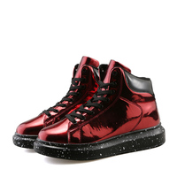 Chaussures de skate à lacets noires, rouges et argentées, en cuir PU verni, baskets décontractées pour hommes et femmes