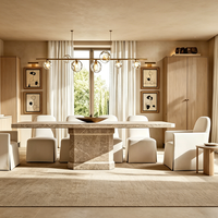 Table à manger extensible en marbre travertin de luxe sur mesure OEM ODM, chaises en lin, éclairage en laiton, armoires en bois, 9 pièces