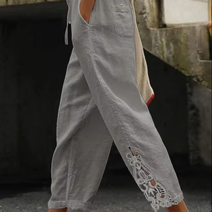 Women's Thin Cotton <strong>Linen</strong> Casual Pants High Waist Drawstring Lace Trim <strong>Cropped</strong> <strong>Trousers</strong> with Pockets and Buttons - Product Image 1