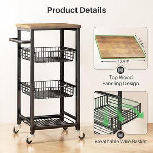 Fruit Basket Kitchen <strong>Pantry</strong> Organizers-4 Tier with Wheels Wooden Top Table Stackable Metal Wire Basket <strong>Stand</strong> for Fruit - Product Image 3