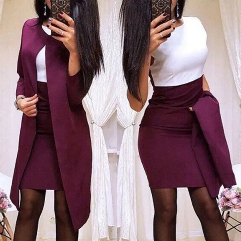 Sexy Formal Dress Suits Women Long Blazer Jacket and Sheath O-Neck Mini Skirt Office Wear 2 Piece Sets Suits Dress for Womens