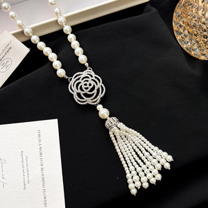 Fashionable Pearl Necklace Rose Pendant Long Sweater Chain High End Alloy Gift Accessory - Product Image 4