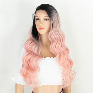 Harga grosir Wig rambut sintetik Wig ombak panjang merah muda Ombre Wig renda depan 30 inci untuk Cosplay pesta wanita