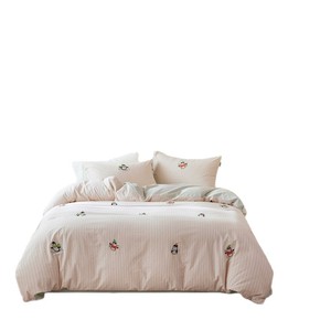 Parure de lit quatre pièces en coton 100% teint en fil, brodée d'animaux de dessin animé mignons, pour enfants, douce et agréable pour la peau, motif rayé - Product Image 2