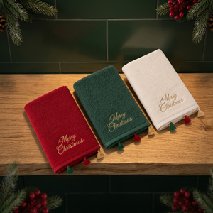 Juego de toallas de baño de algodón con borlas y bordados navideños, suaves y absorbentes, rectangulares, para uso doméstico, tamaño adulto - Product Image 3