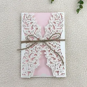 New design elegant laser cut white wedding invitation card with butterfly ribbon and inset paper