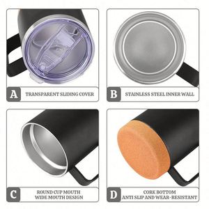 Custom Cork Bottom Powder Coated Matte <b>Coffee</b> Cup 12 oz Double Wall Vacuum Insulated Cork Base Stainless Steel Mug with Handle - Product Image 3