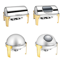Réchauffeur de nourriture unique pour la restauration couvercle rabattable complet avec fenêtre chauffe-plats pour buffet réchaud en acier inoxydable avec décoration dorée