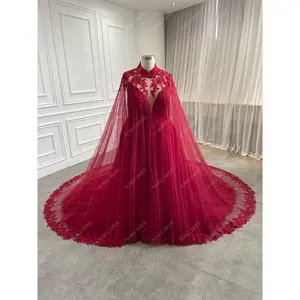 Manufacturer Ladies Plus Size Turkish Prom Gown Custom Women Burgundy Sexy V Neck Sleeveless Lace Cape Beaded Evening Dresses