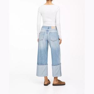 Nuevo Diseño, Logotipo Personalizado, Jeans de Cintura Alta para Mujer, Pierna Ancha, Dobladillo Reforzado, Azul Claro, Corte Holgado, Pantalones de Mezclilla - Product Image 2