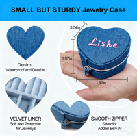 Boîte de rangement à bijoux portable en tissu denim personnalisable en forme de cœur avec fermeture éclair, mini étui de présentation pour femme