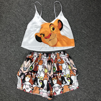 Groothandel Sexy Satijn Zijde Set Cartoon Gedrukt Hemdje Shorts Pyjama Tweedelig Pak Vrouwen Zijden Stof