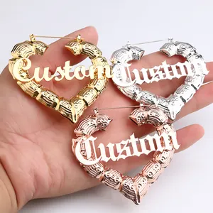 70mm 90mm Custom Love heart shape Hip hop Sexy Bamboo large Hoop oversize Earrings personalized Name Earrings