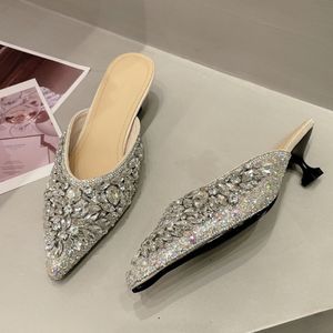 <b>Silver</b> Rhinestone Elegant Tacones De Mujer Sexy Mules <b>Low</b> Women Kitten <b>Heels</b> for Ladies - Product Image 1