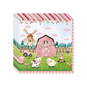 Ensemble de vaisselle jetable sur le thème de la ferme rose, nappes, assiettes, couverts, décorations de dessins animés d'animaux pour la fête d'anniversaire - Product Image 4