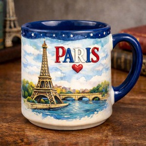 Mug à lait en céramique de Fujian de style américain, imprimé Tour Eiffel bleue, 200 ml, avec poignée, compatible lave-vaisselle et micro-ondes, de la marque Extraworld - Product Image 1