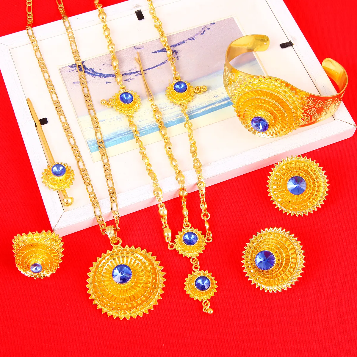 Ethiopian Gold Color Hair Piece Pendant Necklace Earings Ring Hair Pin Bracelet Africa Habesha Wedding Jewelry Sets