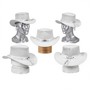 <b>White</b> Leather Cowboy <b>Hat</b> Unisex Adult Mesh Breathable Casual Outdoor Party Four Seasons Nail Bead Embroidery Style - Product Image 2