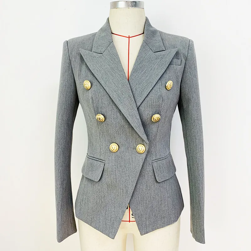 HIGH QUALITY Newest 2022 Designer Jacket Star Style Women's Classic Lion Buttons Double Breasted Slim Fitting Blazer Pale Grey
